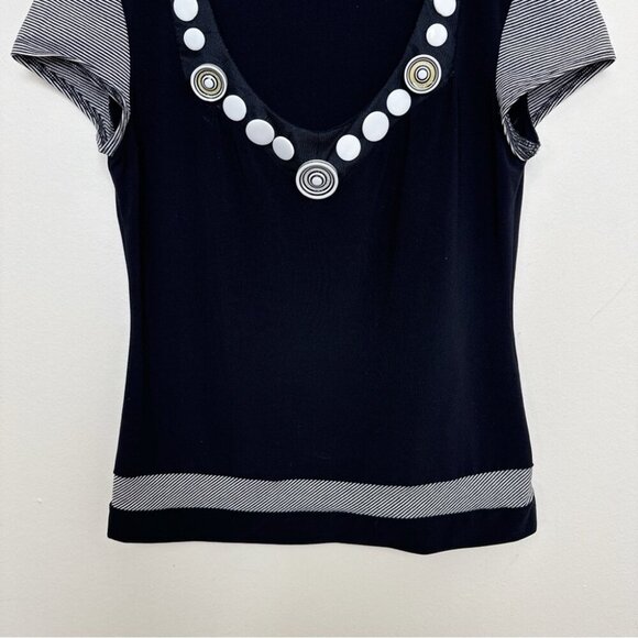 Joseph Ribkoff Womens 8 Button Neck Short Sleeve Stretch Tshirt In Black Color - Picture 7 of 11